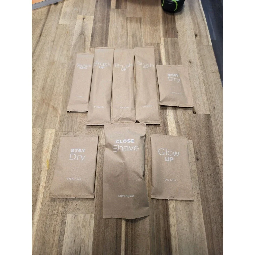 Eco-Friendly Hotel Amenity Kit Lot 8pc - Dental Shaving Vanity Kits Shower Cap